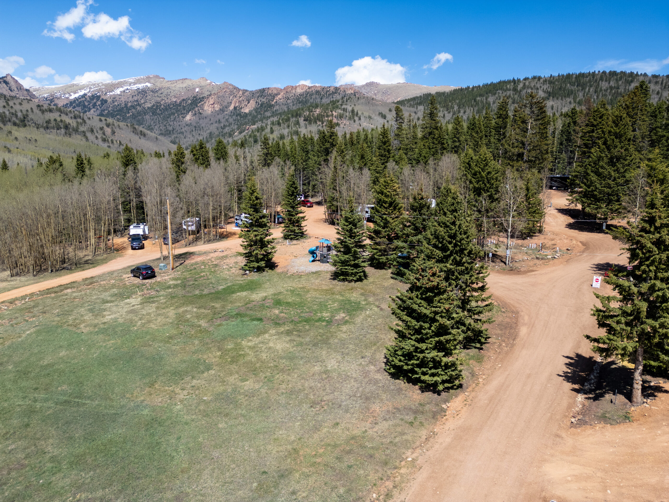 Common area and fire pit at Rocking M Ranch campground Cripple Creek Colorado near Royal Gorge