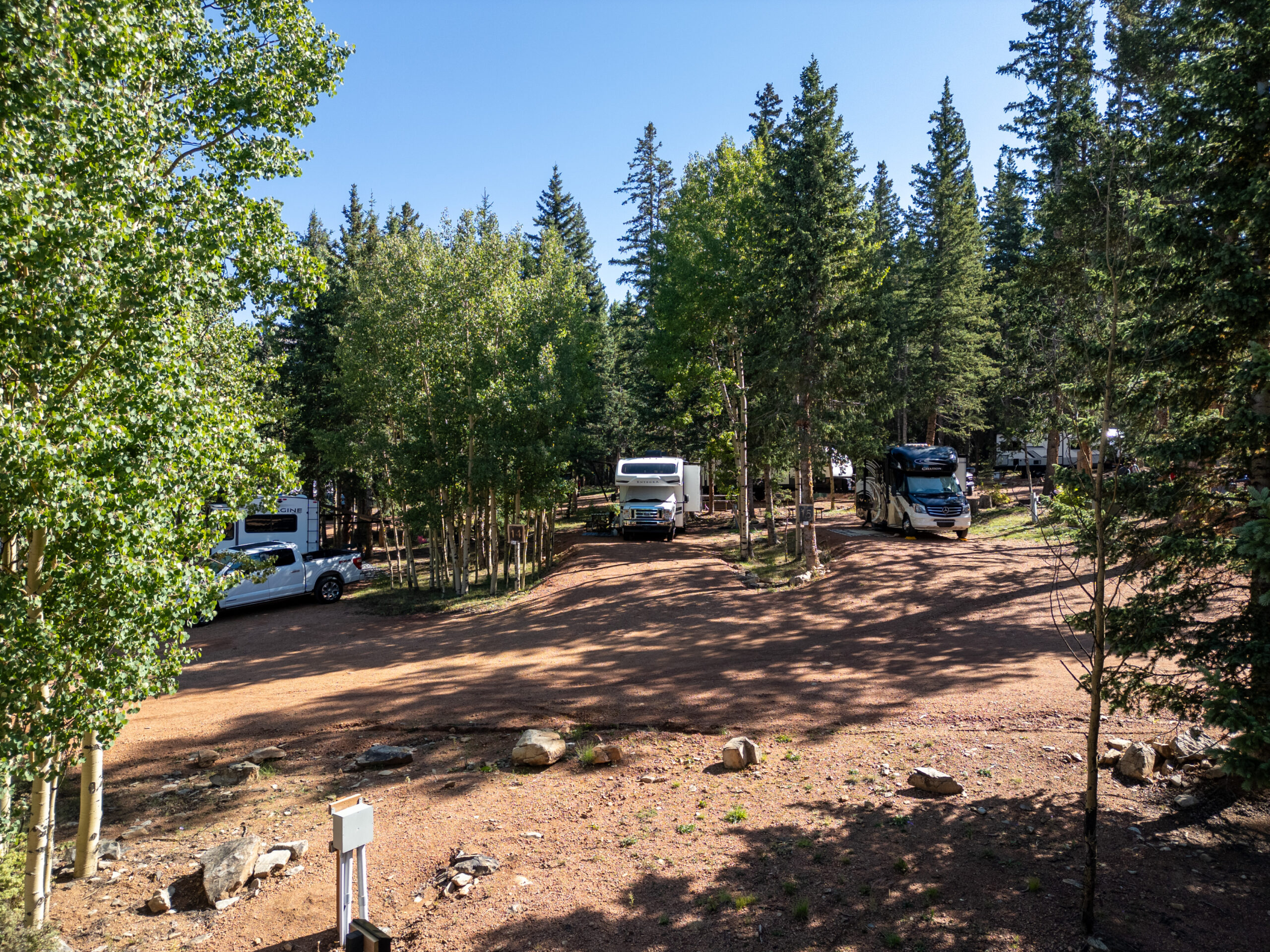 RV sites tucked in spruce and aspens at Rocking M Ranch near Colorado Springs